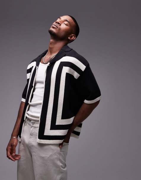 Topman - Camicia in maglia all'uncinetto nera con bottoni e righe verticali - view 1