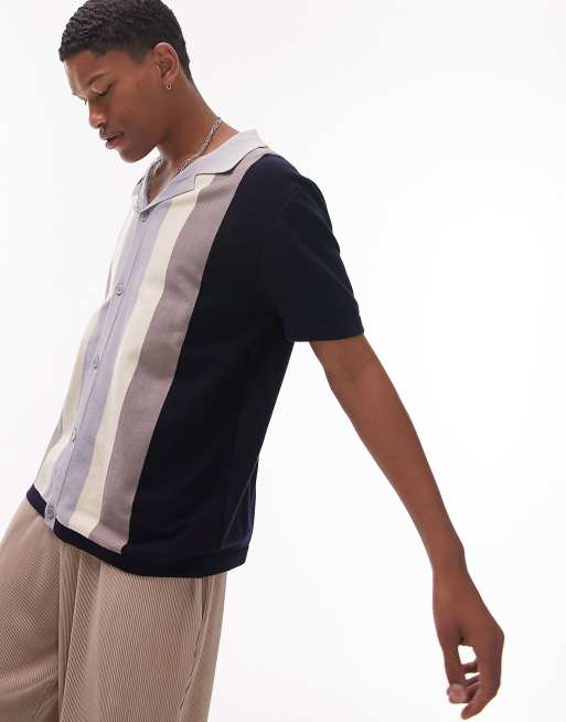 Topman - Camicia in maglia blu navy a righe con rever