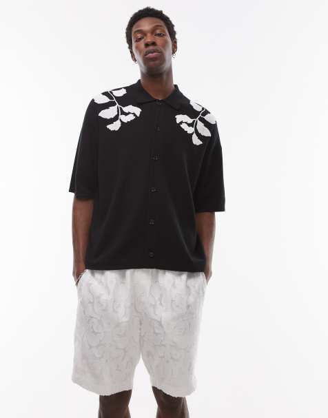 Topman - Camicia in maglia nera ed écru con ricamo floreale - view 1