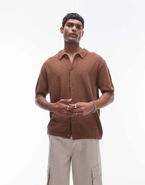 Topman - Camicia in maglia testurizzata con bottoni marrone - view 1