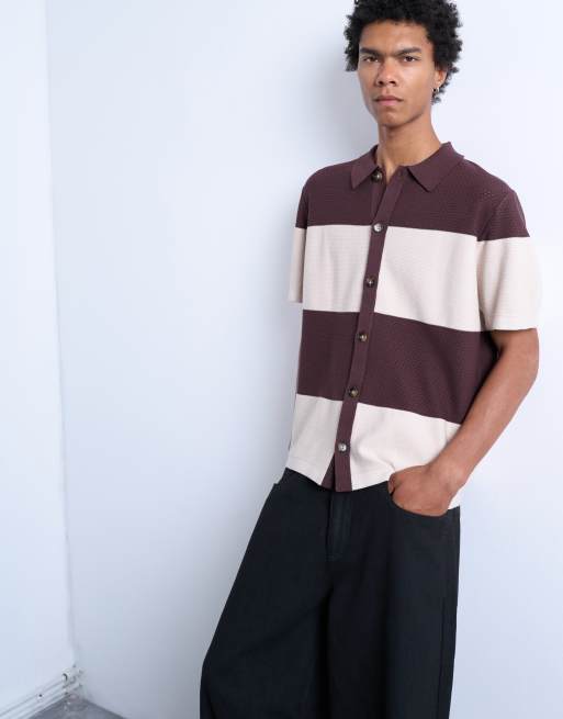 Topman - Camicia in maglia traforata color pietra ed écru color block
