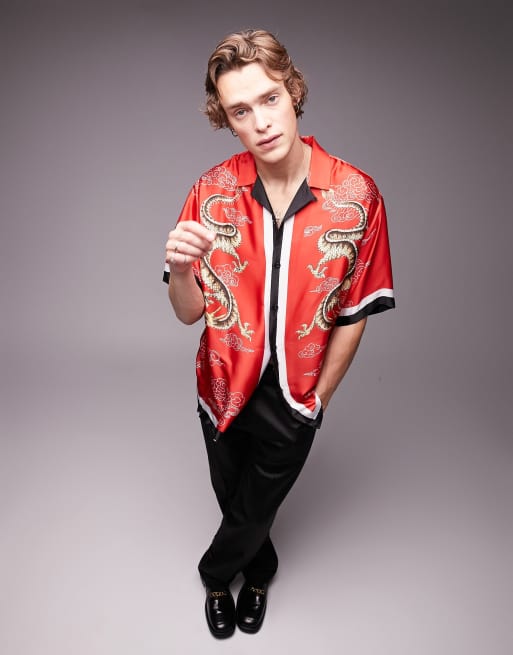 Topman - Camicia in raso rosso con rever e stampa di draghi