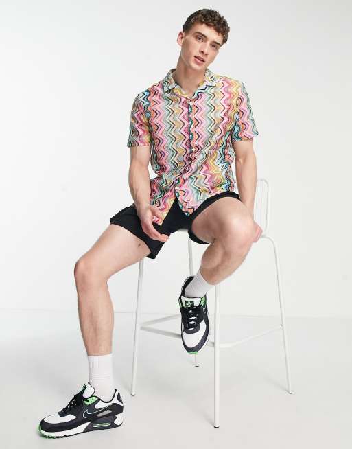 Topman - Camicia lavorata all'uncinetto con stampa verticale a zig-zag e rever