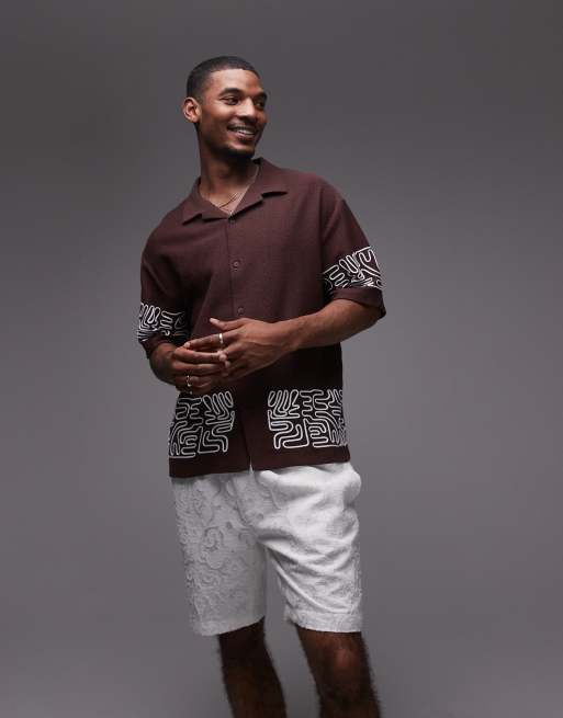 Topman - Camicia marrone oversize testurizzata in jersey con bottoni e fiori ricamati