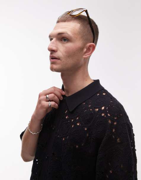 Topman - Camicia nera all'uncinetto vestibilità comoda con fiori - view 1