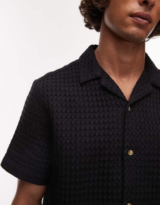 Topman - Camicia nera testurizzata a quadri in coordinato, 2 di 4