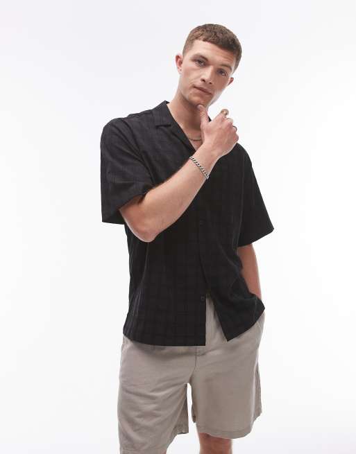Topman - Camicia nera testurizzata con motivo a griglia a maniche corte