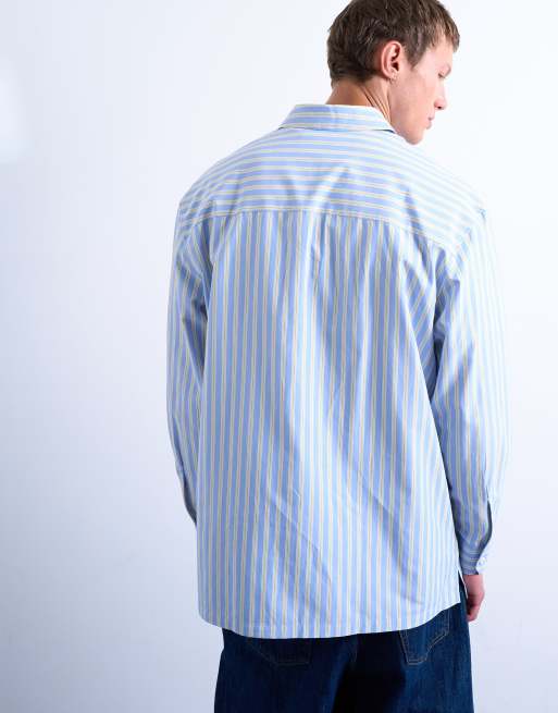 Topman - Camicia oversize a maniche lunghe azzurra e gialla a righe, 5 di 5