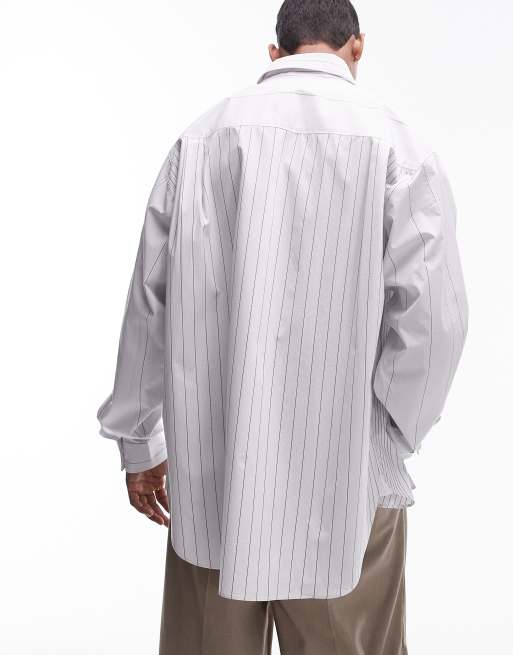 Topman - Camicia oversize a maniche lunghe colore crema a righe stile gessato, 3 di 4