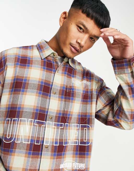 Topman - Camicia oversize a quadri con stampa sul petto color pietra e bordeaux