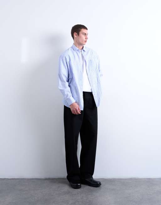 Topman - Camicia oversize blu a righe con dettagli invecchiati