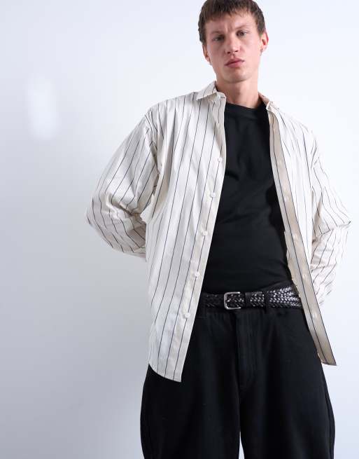 Topman - Camicia oversize color écru a righe, 3 di 5