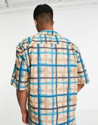 Camicia oversize con motivo acquerello a quadri, colore pietra e blu - Topman Camicia donna  - immagine2
