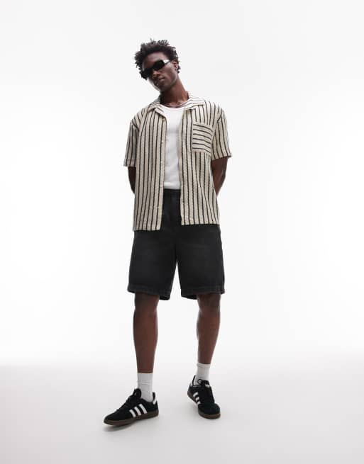 Topman - Camicia oversize in jersey color pietra a righe con bottoni