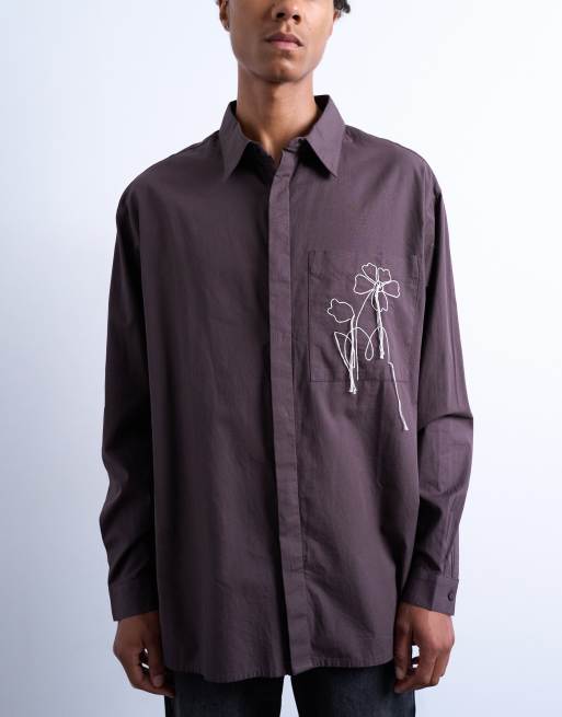 Topman - Camicia oversize in popeline marrone con ricamo floreale, 2 di 5