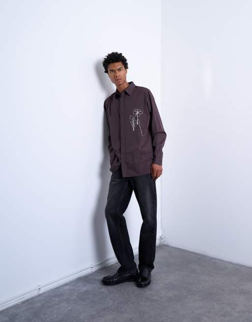 Topman - Camicia oversize in popeline marrone con ricamo floreale, 3 di 5