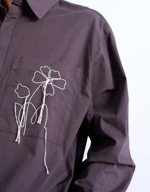 Topman - Camicia oversize in popeline marrone con ricamo floreale, 4 di 5