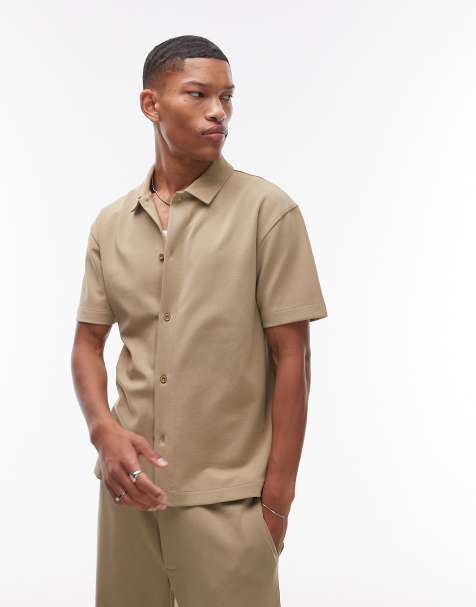 Topman - Camicia oversize premium in jersey interlock kaki chiaro con bottoni - view 1