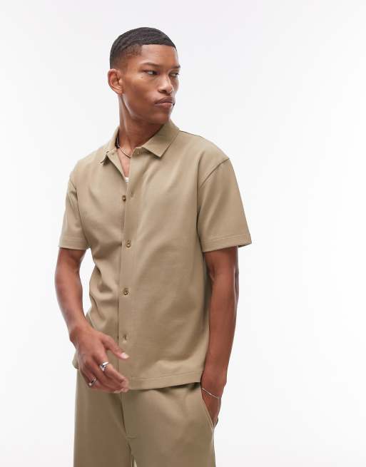 Topman - Camicia oversize premium in jersey interlock kaki chiaro con bottoni