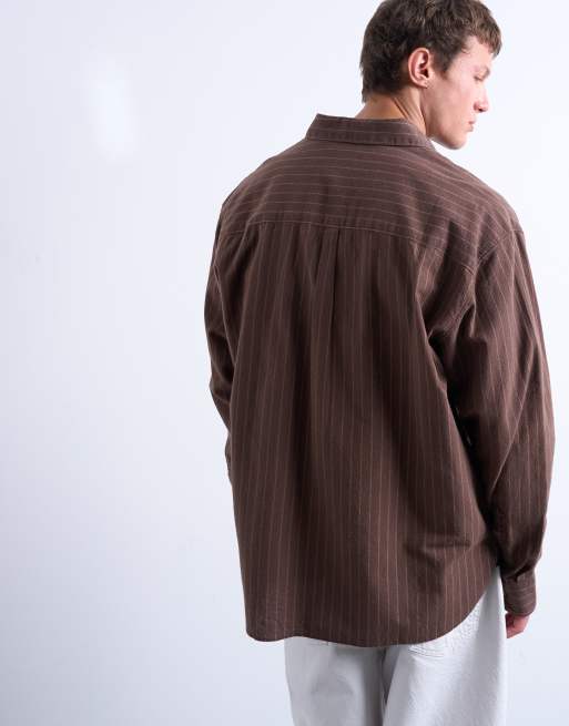 Topman - Camicia Oxford oversize marrone slavato a righe, 4 di 5