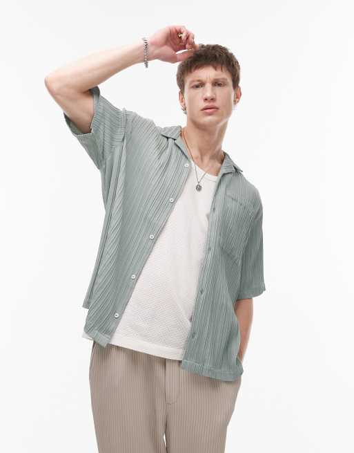Topman - Camicia plissé color salvia testurizzata a maniche corte