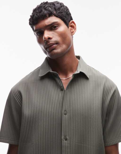 Topman - Camicia plissé kaki a maniche corte con bottoni