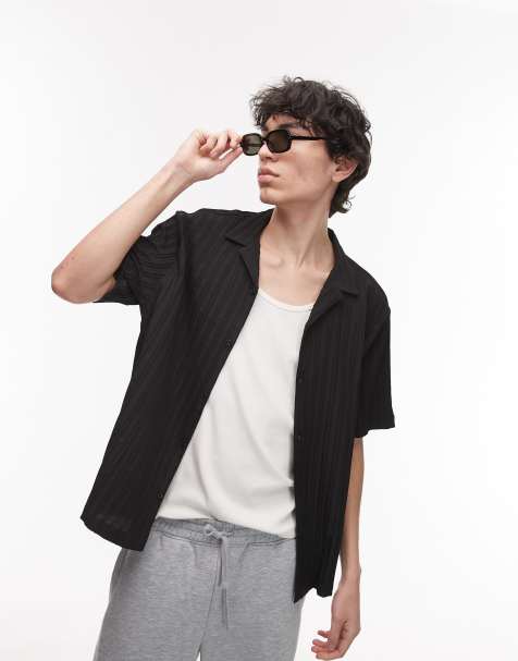 Topman - Camicia plissé testurizzata nera a maniche corte - view 1