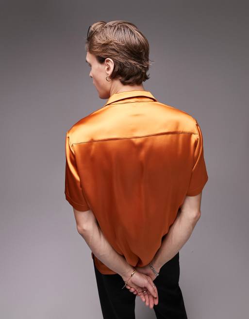 Topman - Camicia premium a maniche corte in raso color arancione scuro, 4 di 4
