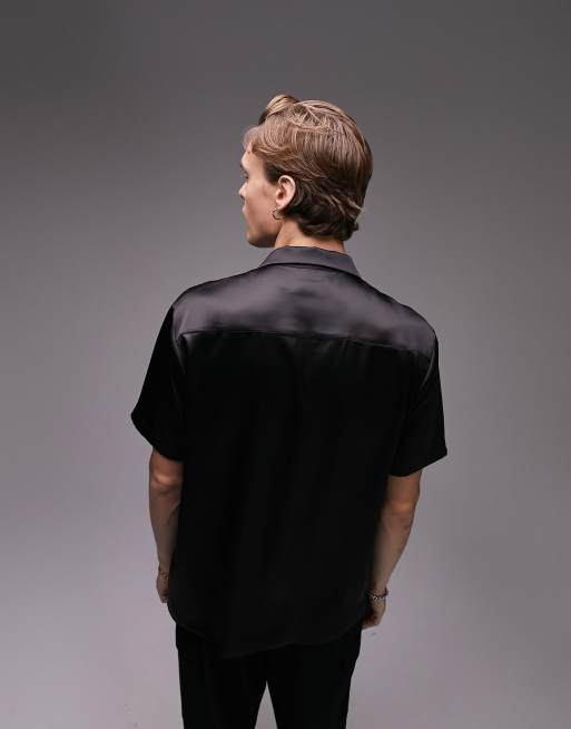 Topman - Camicia premium a maniche corte in raso nera, 3 di 4