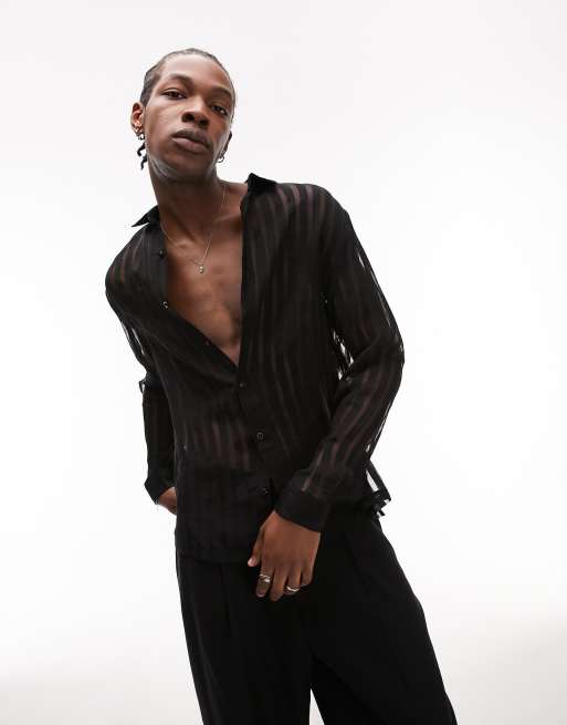 Topman - Camicia regular fit a maniche lunghe nera trasparente a righe dévoré