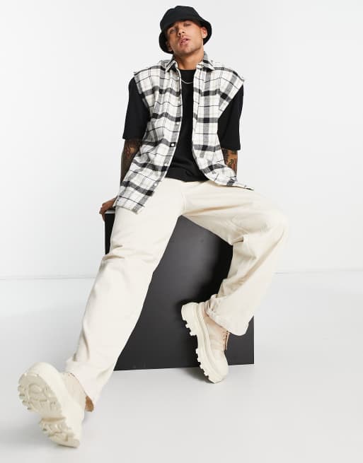Topman - Camicia senza maniche a quadri bianca e color pietra