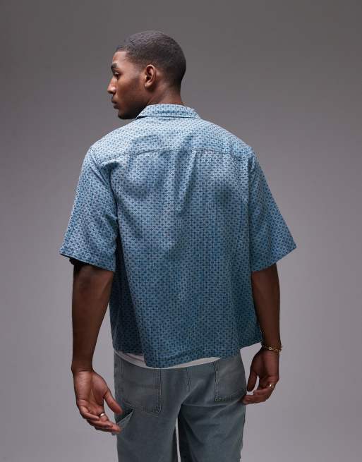 Topman - Camicia squadrata a maniche corte blu con ricami a croce in coordinato, 3 di 4