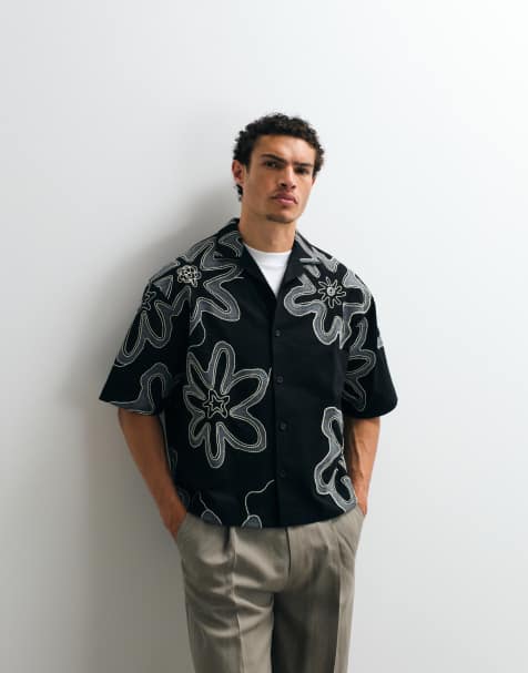 Topman - Camicia squadrata in jersey pesante nera con applicazioni floreali - view 1