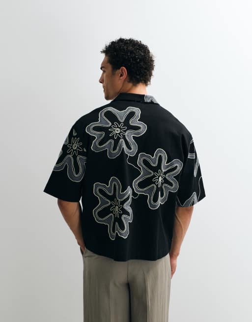 Topman - Camicia squadrata in jersey pesante nera con applicazioni floreali, 4 di 9