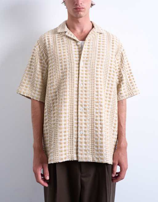 Topman - Camicia testurizzata color pietra bicolore comoda a maniche corte