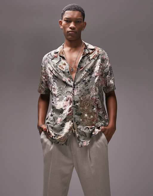 Topman - Camicia trasparente color salvia con stampa a fiori vellutata
