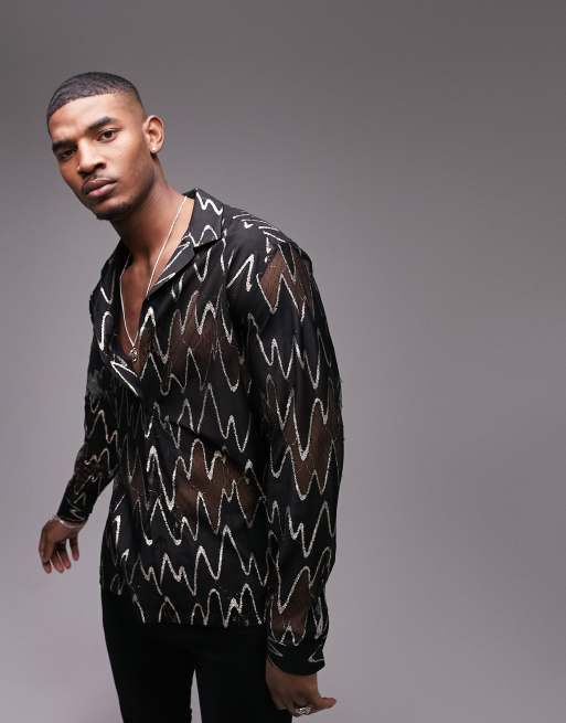 Topman - Camicia trasparente nera e oro con motivo a zig-zag