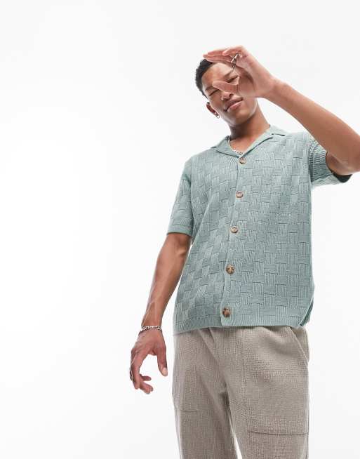 Topman - Camicia verde a quadri in maglia testurizzata con rever