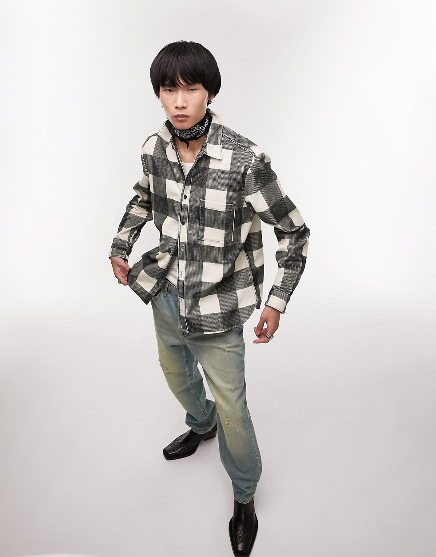 topman - camicia vestibilità classica a maniche lunghe in velluto a coste kaki a quadri larghi-verde