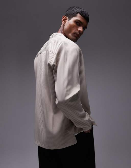 Topman - Camicia vestibilità classica a maniche lunghe plissé beige con rever, 2 di 4