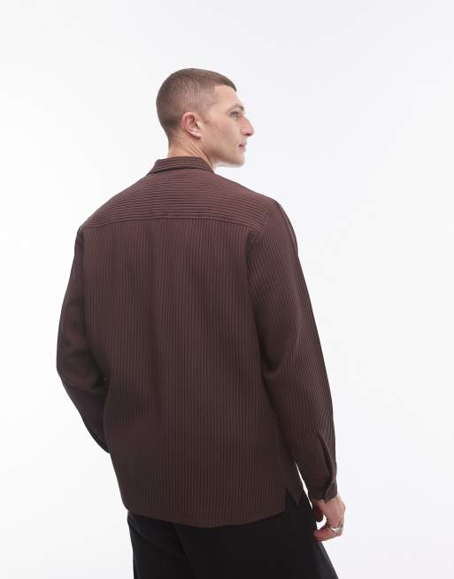 Topman - Camicia vestibilità classica a maniche lunghe plissé color prugna con rever, 3 di 4