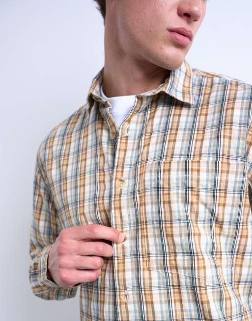 Topman - Camicia vestibilità classica color pietra a quadri testurizzata, 4 di 5