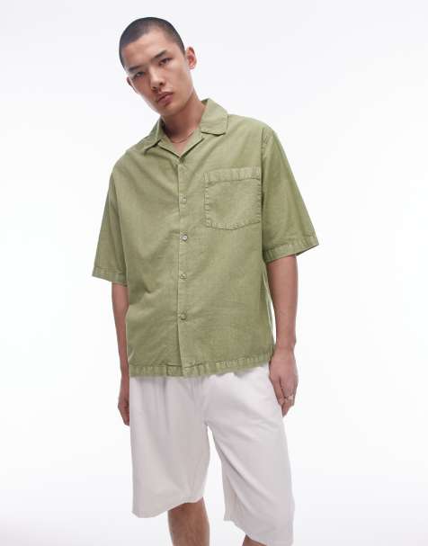 Topman - Camicia vestibilità comoda a maniche corte kaki slavato - view 1