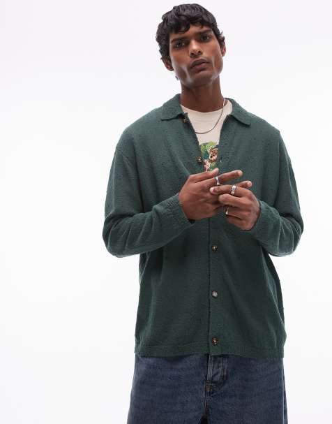 Topman - Camicia vestibilità comoda in maglia testurizzata verde con bottoni - view 1