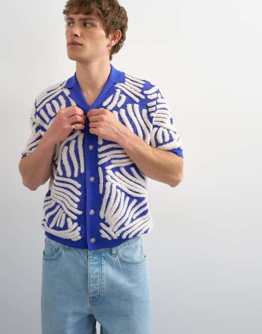 Topman - Camisa azul holgada con aplicación floral de bouclé de punto, 5 de 5
