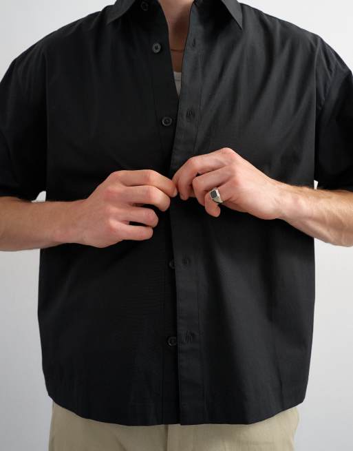 Topman - Camisa corta negra holgada de manga corta de popelina, 3 de 5