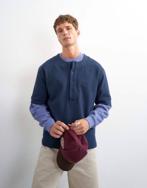 Topman - camisa henley de sarga de punto de corte holgado en azul marino - view 1