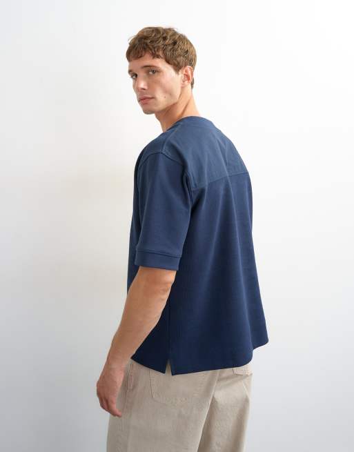 Topman - camisa henley de sarga de punto de corte holgado en azul marino, 3 de 5