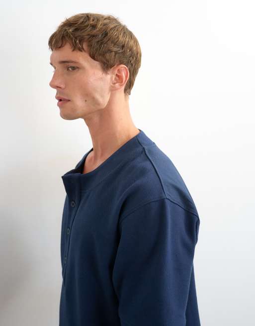 Topman - camisa henley de sarga de punto de corte holgado en azul marino, 4 de 5