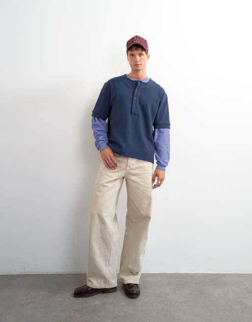 Topman - camisa henley de sarga de punto de corte holgado en azul marino, 5 de 5